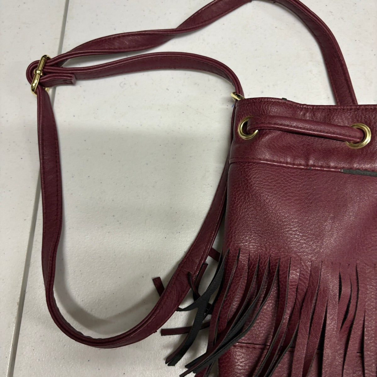 Burgundy Faux Leather Fringe Bucket Bag Women Boho Drawstring Crossbody Purse