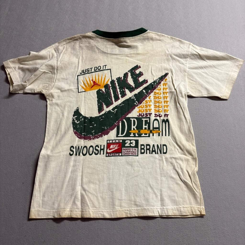 Vintage Nike Bootleg T Shirt Mens XL Cream Green Ringer Jordan Dream It Swoosh