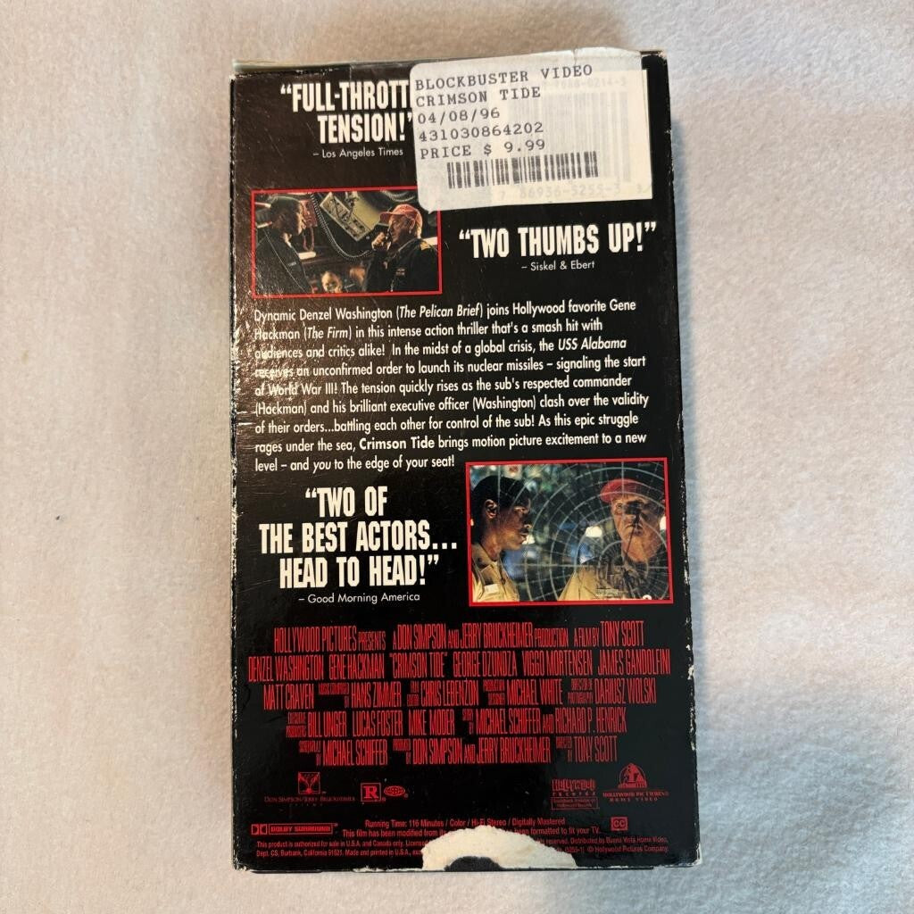 Crimson Tide VHS 1995 Denzel Washington Gene Hackman Blockbuster Video Case Tape