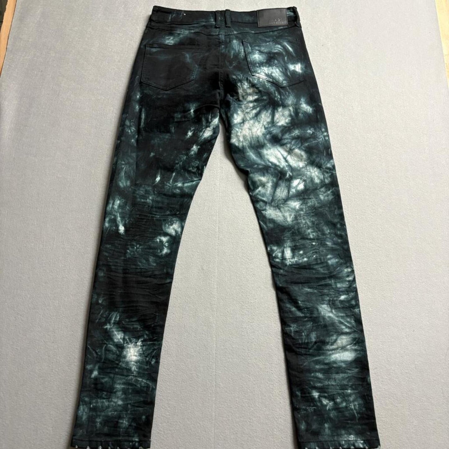 Rue21 Premium Supreme Flex Skinny Jeans Mens 30x32 Black Green Tie Dye Bleach