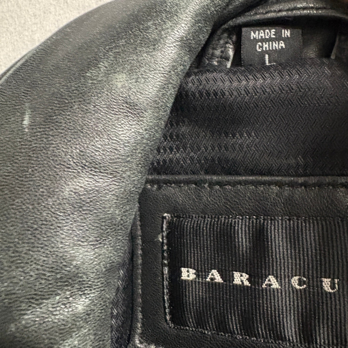Baracuta Mens L Black Leather Jacket Coat Button Front Insulated Mid Length