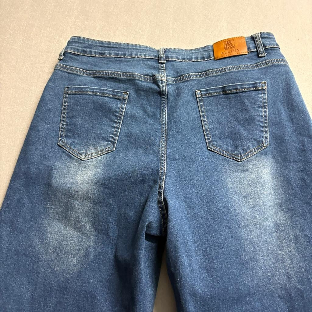 Allimy Wide Leg Crop Jeans Womens Size 16 Blue Denim Raw Hem Stretch High Rise
