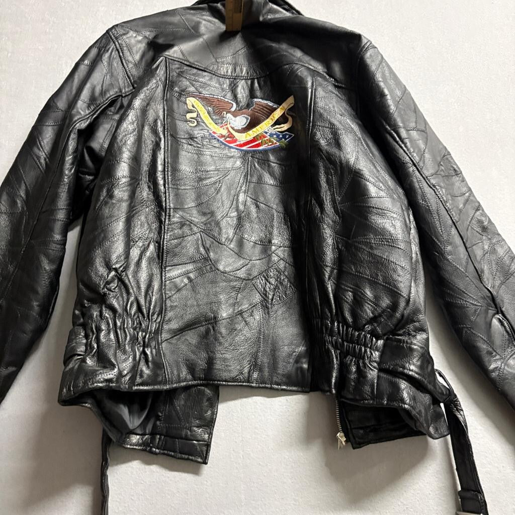 Vintage Patchwork Leather Motorcycle Jacket Mens XL Black Belted Biker Punk