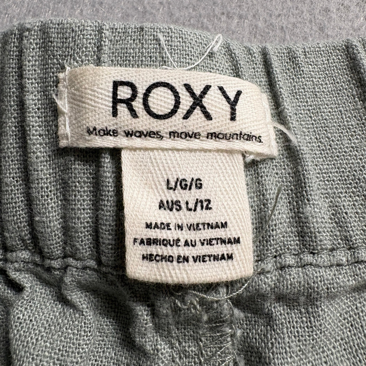 Roxy Linen Blend Pants Womens Large Green Drawstring Elastic Waist Roll Tab Hem