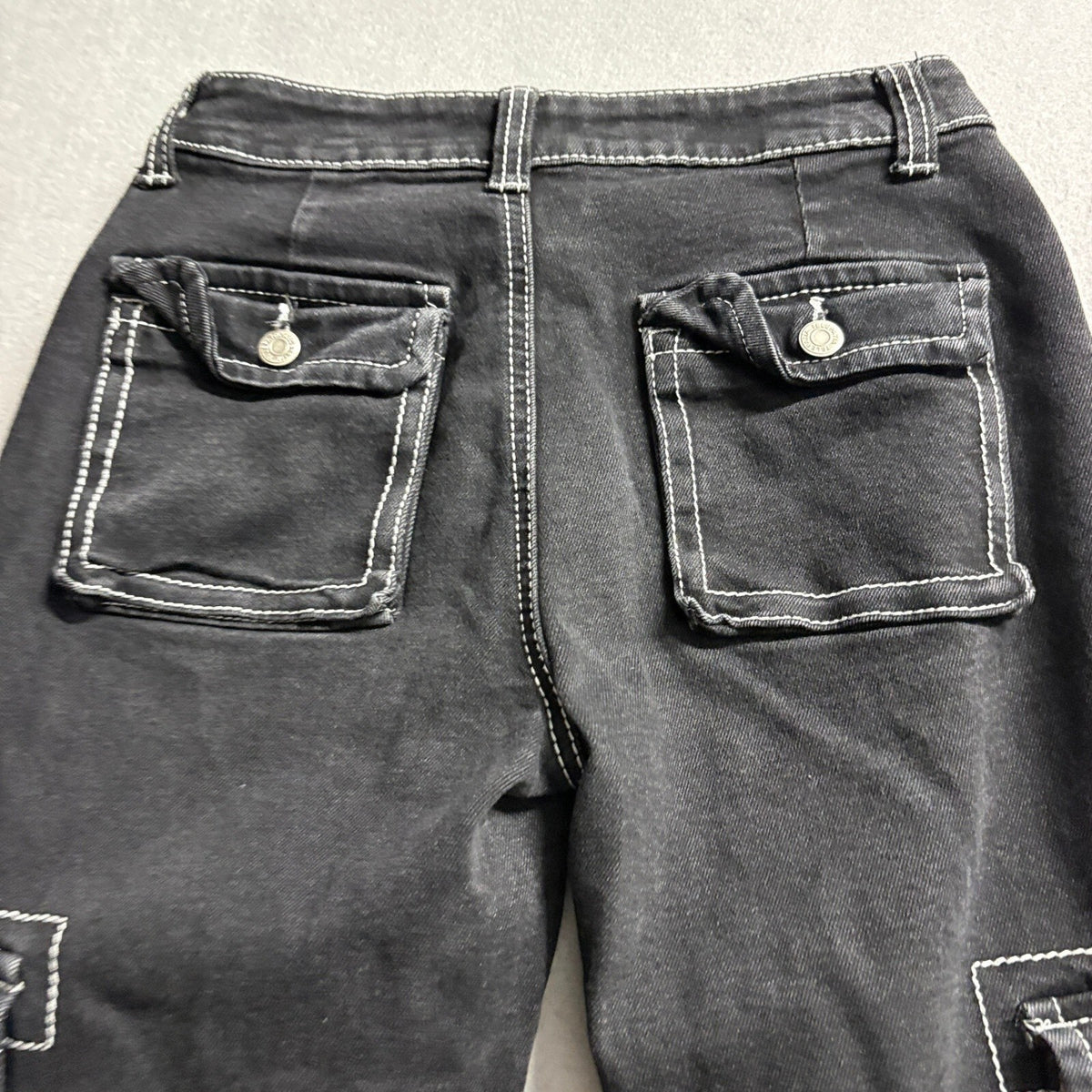 Telepatia Cargo Jeans Womens 5/27 Black Denim Contrast Stitch High Rise Utility