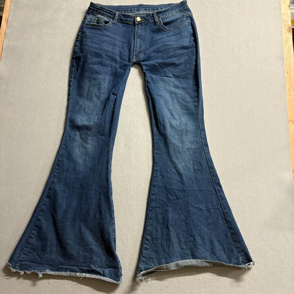 Unbranded Womens Flare Jeans Size XL Blue Denim Raw Hem Bell Bottom High Rise