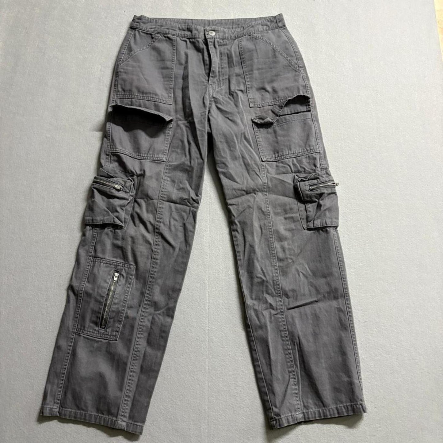 Angel Kiss Cargo Pants Womens 7/28 Gray Cotton Utility Multi Pocket Wide Leg