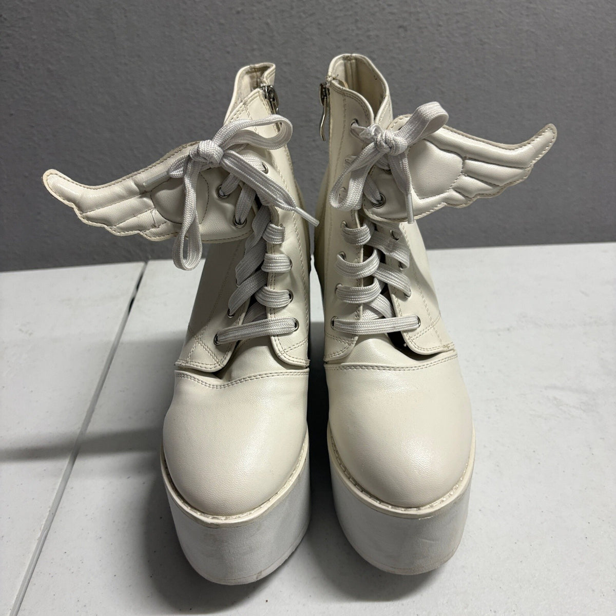 Platform Angel Wing Ankle Boots White Faux Leather Chunky High Heel Women Size