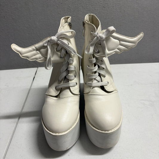 Platform Angel Wing Ankle Boots White Faux Leather Chunky High Heel Women Size