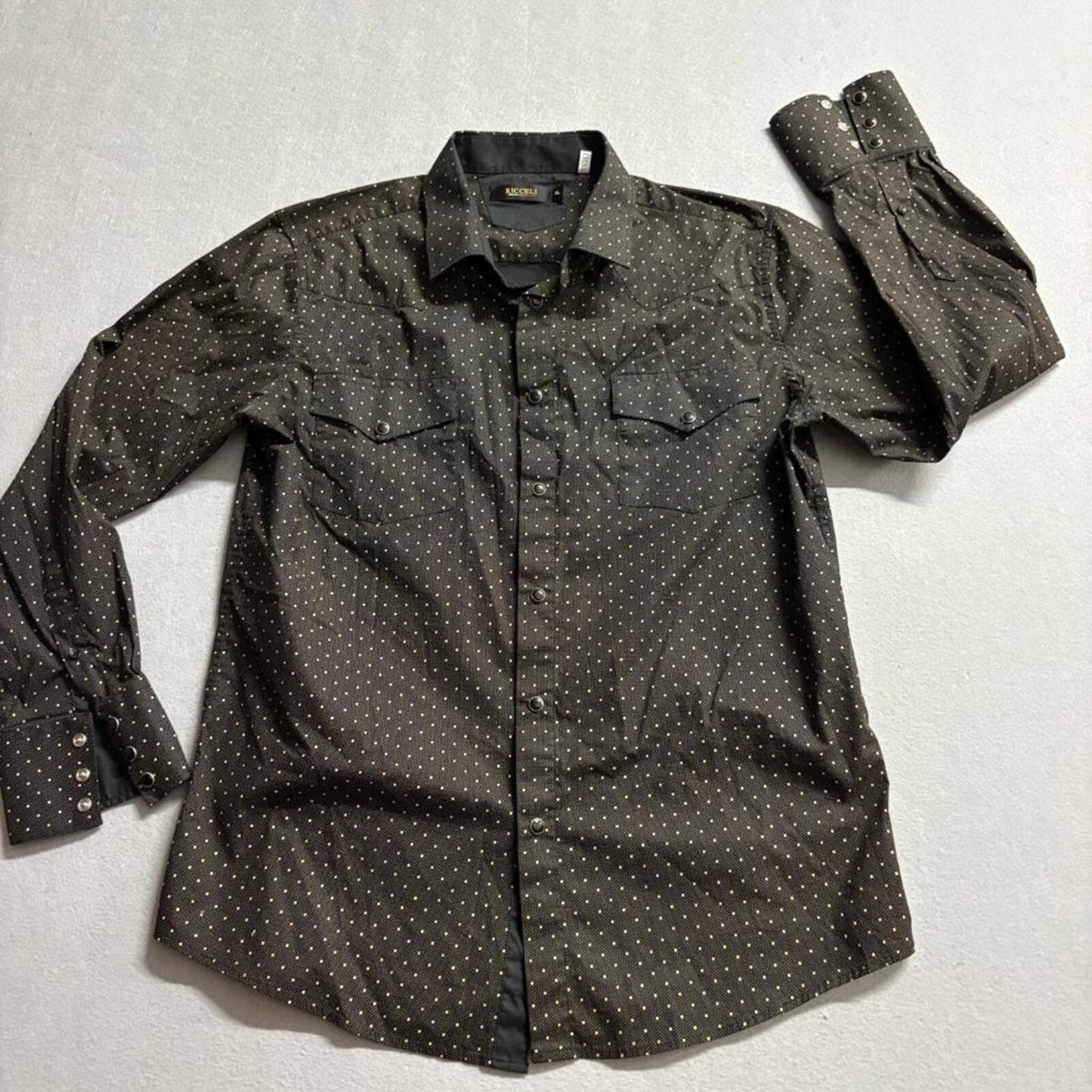Ricceli Western Shirt Mens XL Black Gold Polka Dot Pearl Snap Long Sleeve