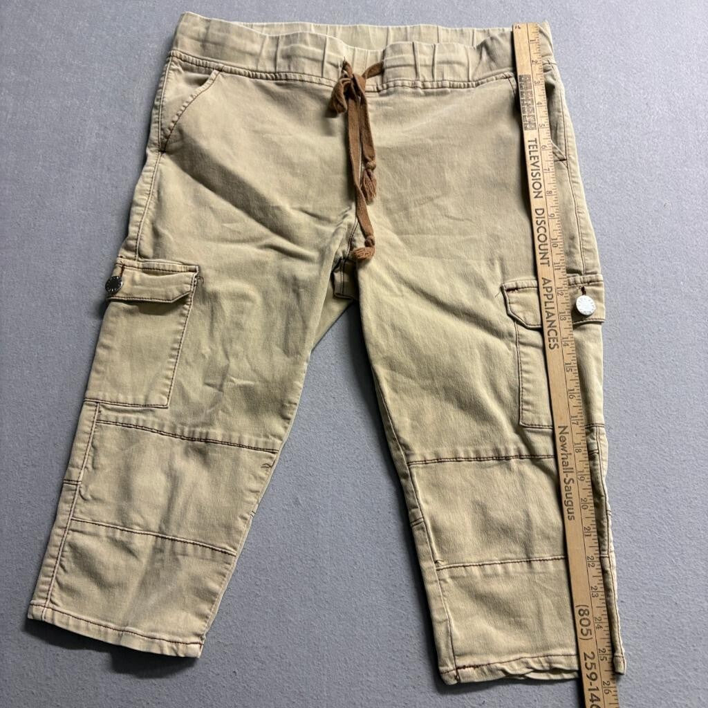 Unbranded Women Khaki Cargo Capri Pants Size M Drawstring Waist Utility Crop