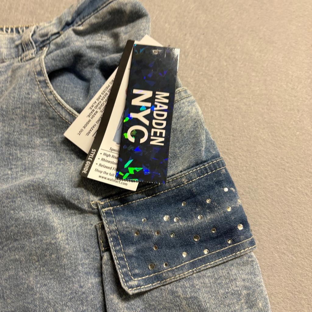 Madden NYC Womens XXL 20 Wide Leg Cargo Jeans Rhinestone High Rise Light Wash