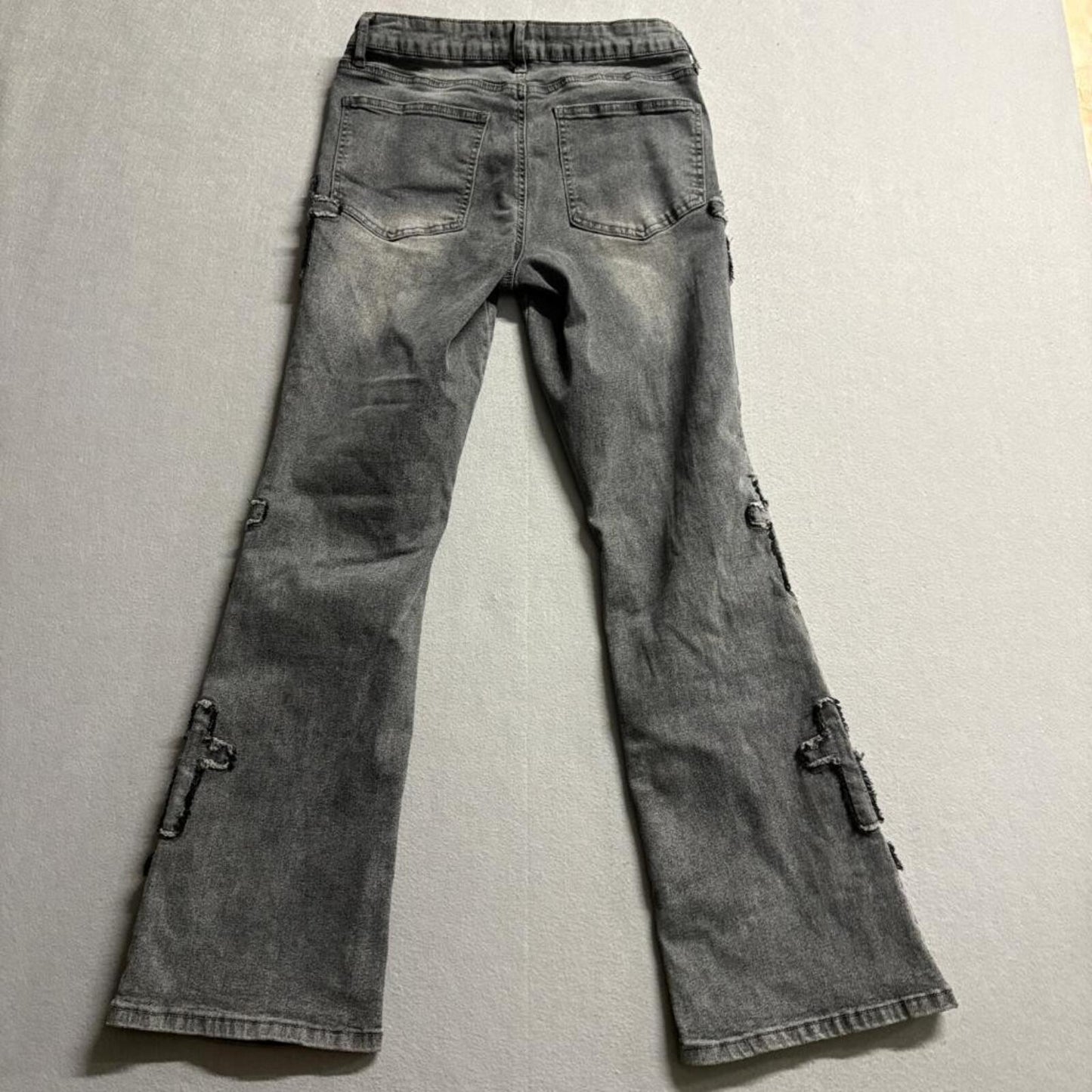 Ashley Mason Premium Cross Patch Flare Jeans Womens Size 5/27 Gray Denim