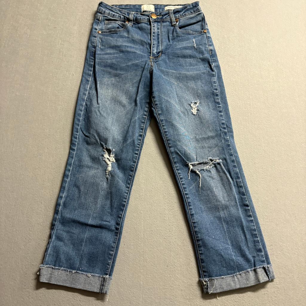 Cotton On 91 Mid Slim Straight Jeans Womens Size 6 Distressed Raw Hem Blue Denim