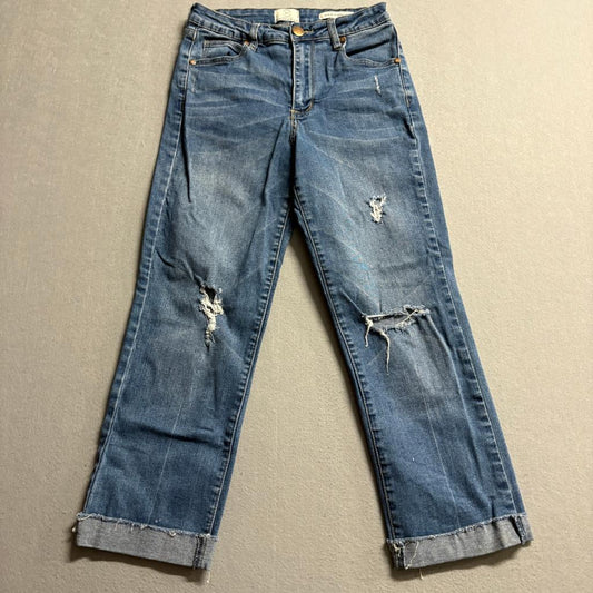 Cotton On 91 Mid Slim Straight Jeans Womens Size 6 Distressed Raw Hem Blue Denim