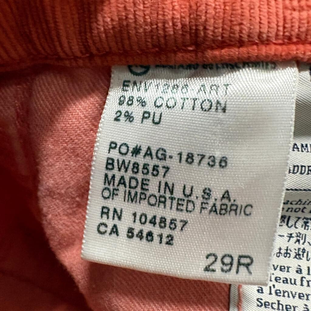 AG Adriano Goldschmied The Stevie Corduroy Pants Womens 29R Orange Slim Straight