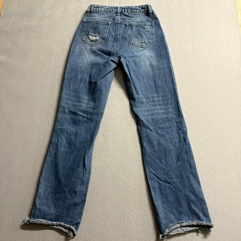 GB Girls Distressed High Rise Wide Leg Jeans Size 1 Blue Denim Raw Hem 100%