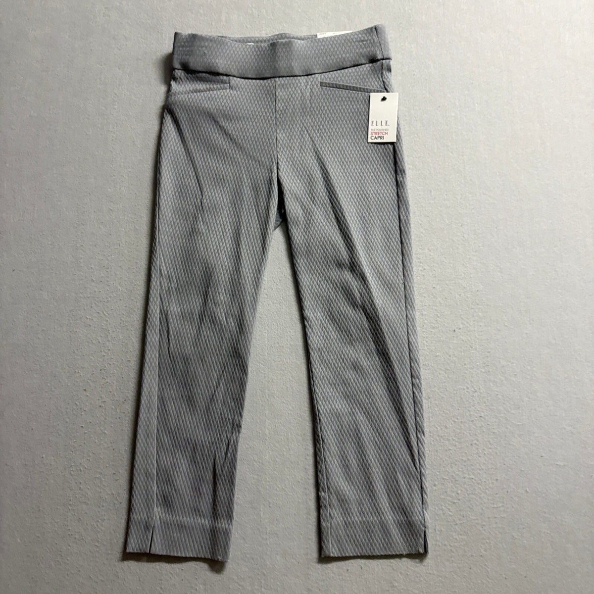 Elle The Polished Stretch Capri Pants Womens Small Gray Diamond Pattern Pull On