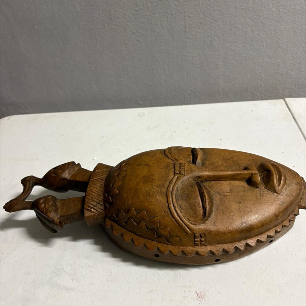 Vintage Hand Carved African Wooden Mask Baule Guro Style Birds Wall Hanging 14"