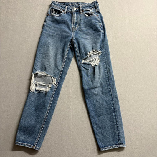 American Eagle Mom Straight Jeans Womens 000 Short Blue Distressed High Rise