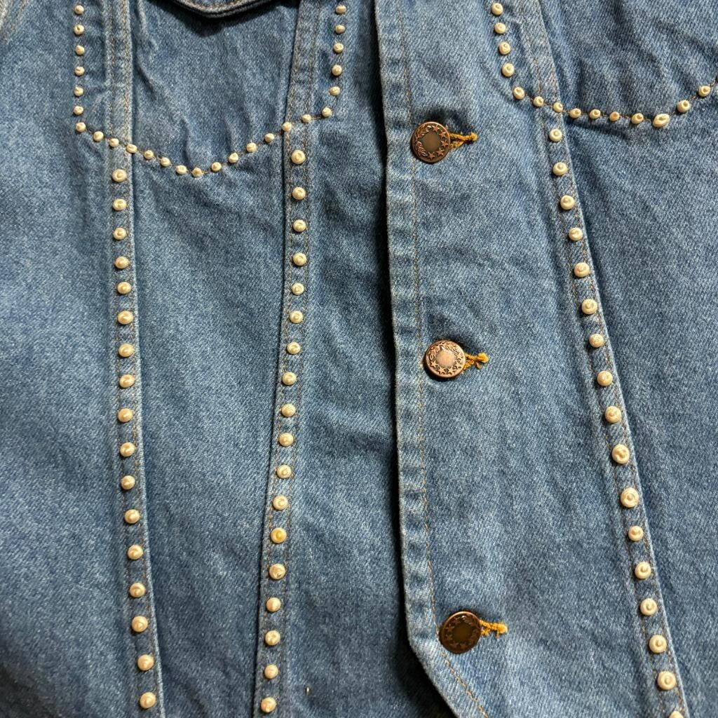 FLD Denim Vintage Womens Large Blue Jean Vest Lace Trim Faux Pearl Studded USA