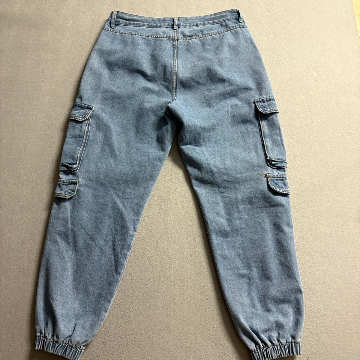 Forever 21 Women Blue Denim Cargo Jogger Pants Size 30 Elastic Cuff High Rise