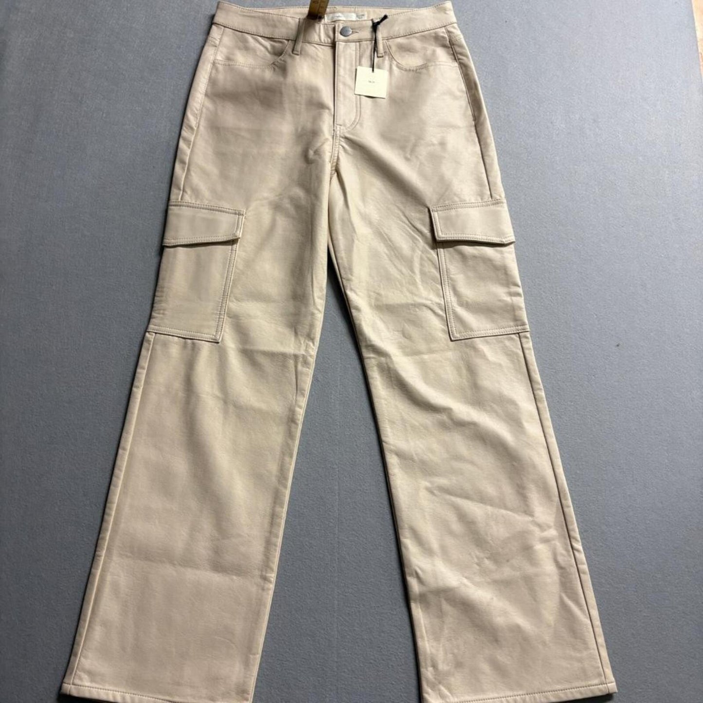 Tgla Faux Leather Cargo Pants Womens 11/30 Beige Wide Leg High Rise NWT
