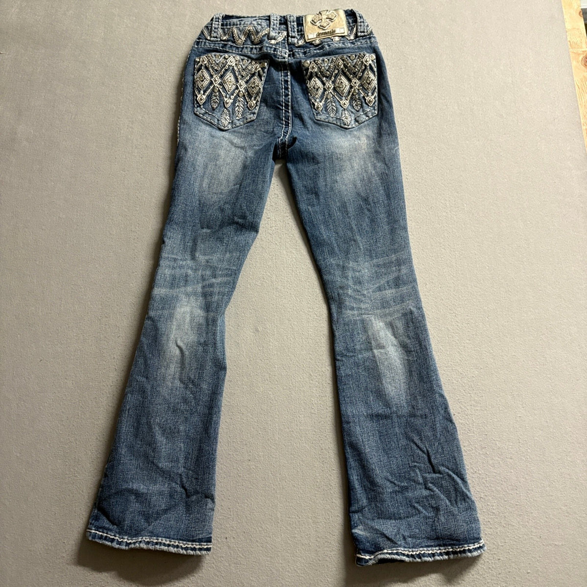 Answer Me Bootcut Jeans Womens 3/30 Blue Denim Thick Stitch Rhinestone Cross Y2K