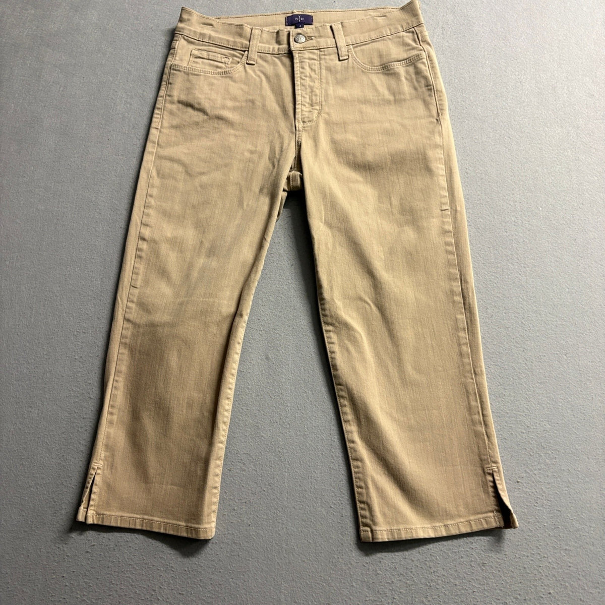 NYDJ Crop Jeans Womens Size 4 Beige Khaki Tan Denim Cropped Pants Side Slit