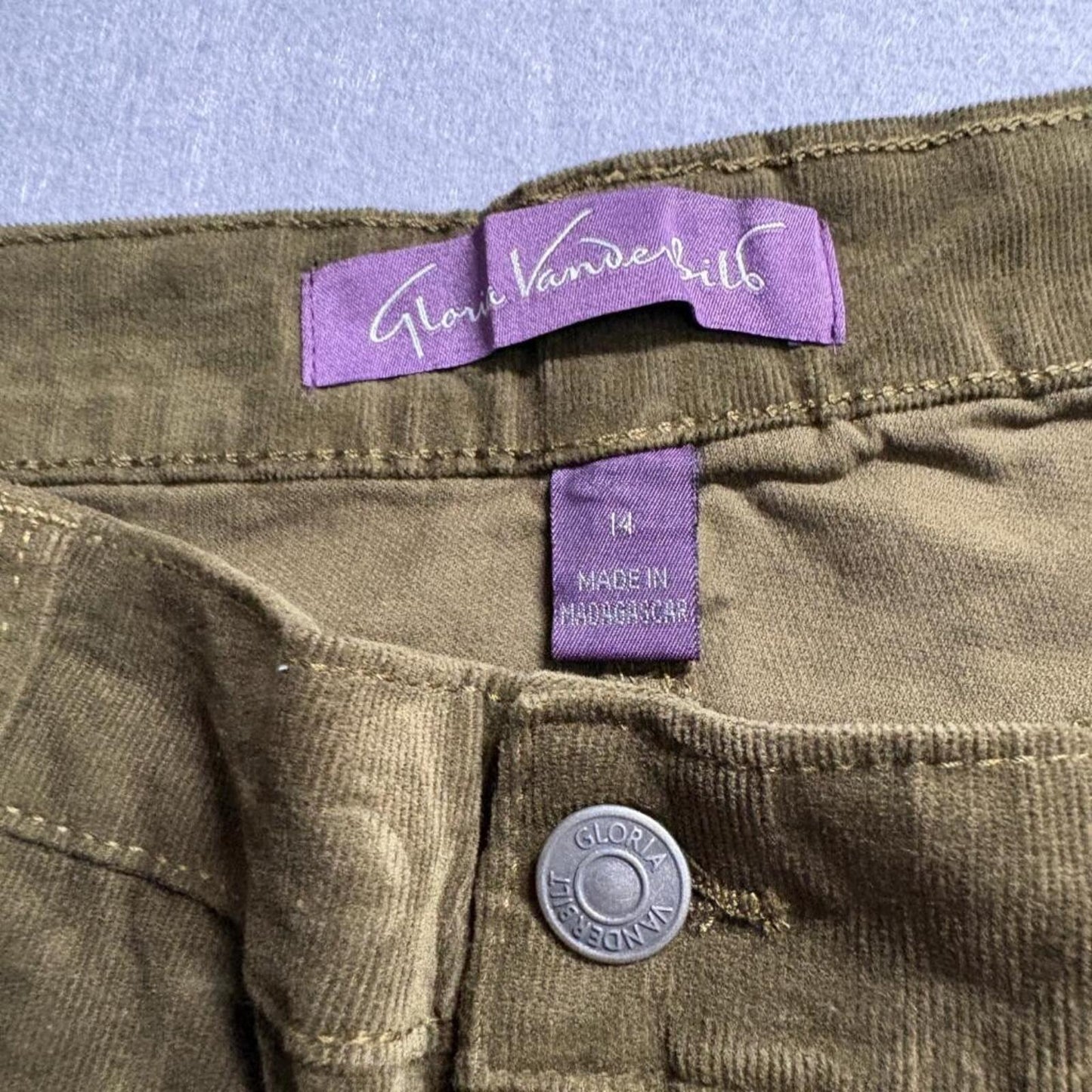 Gloria Vanderbilt Amanda Slim Corduroy Pants Womens 14 Olive Green High Rise