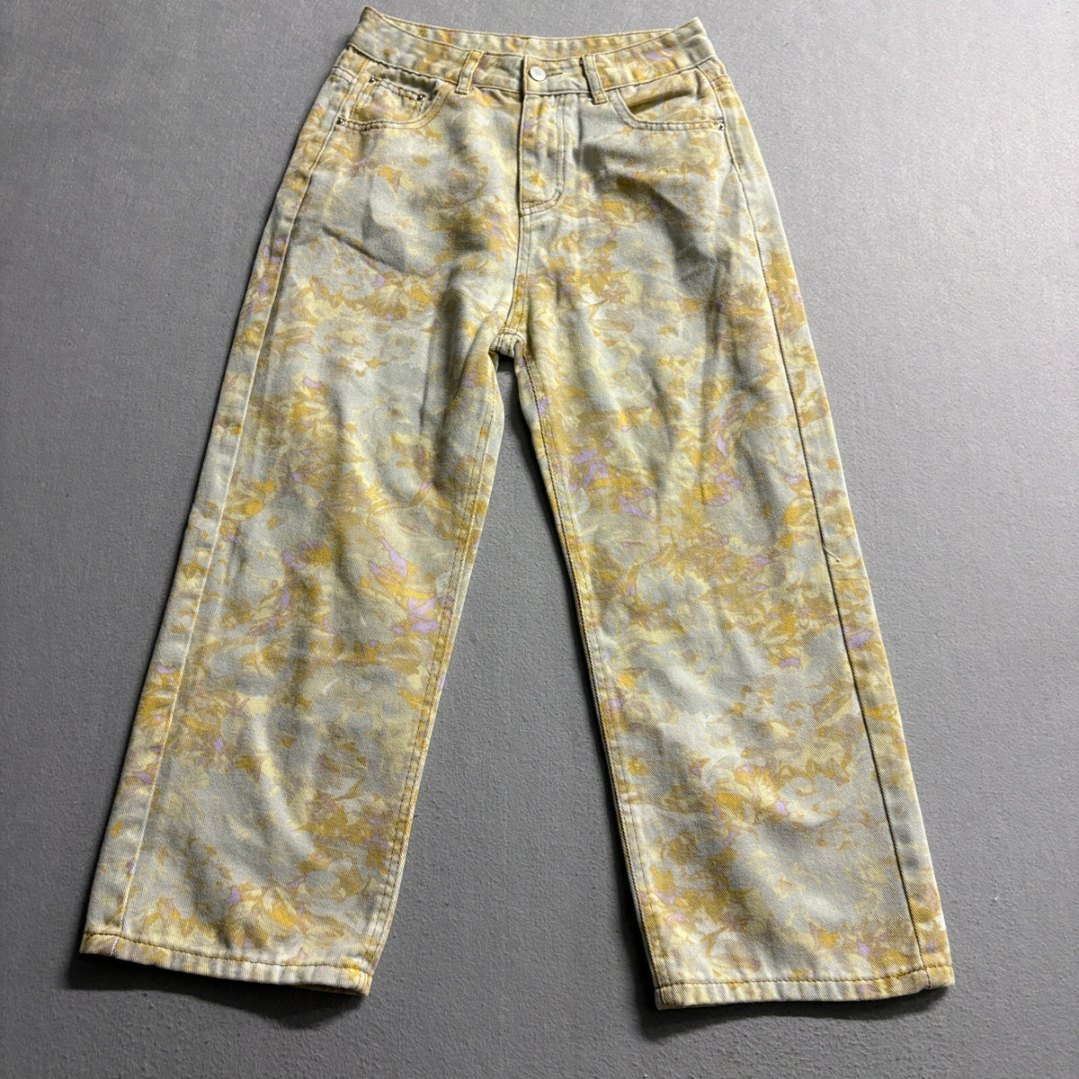 Unbranded Floral Acid Wash Jeans Womens L Yellow Purple High Rise Wide Leg