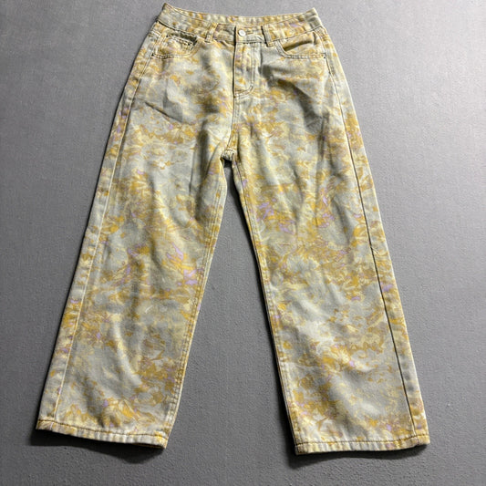 Unbranded Floral Acid Wash Jeans Womens L Yellow Purple High Rise Wide Leg