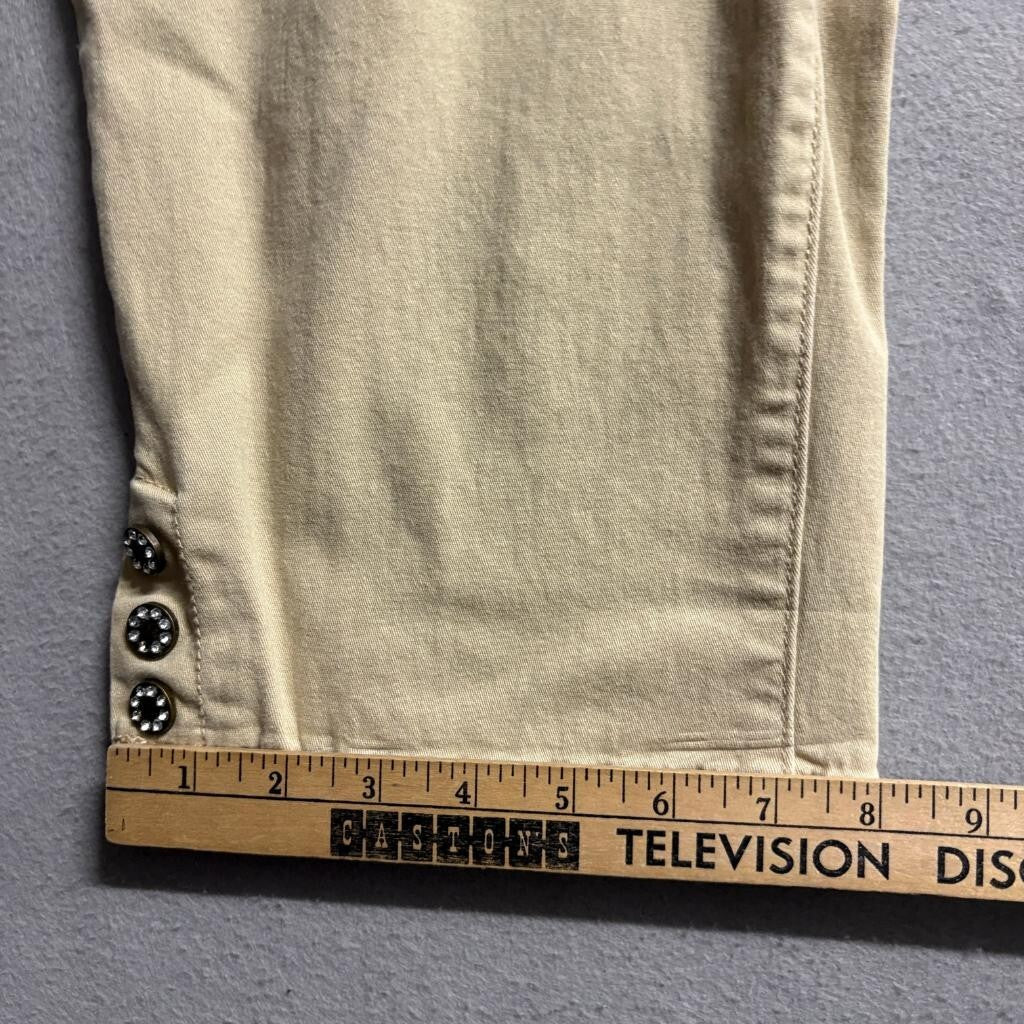 Baccini Womens Crop Pants 12P Beige Cotton Blend Rhinestone Button Capris