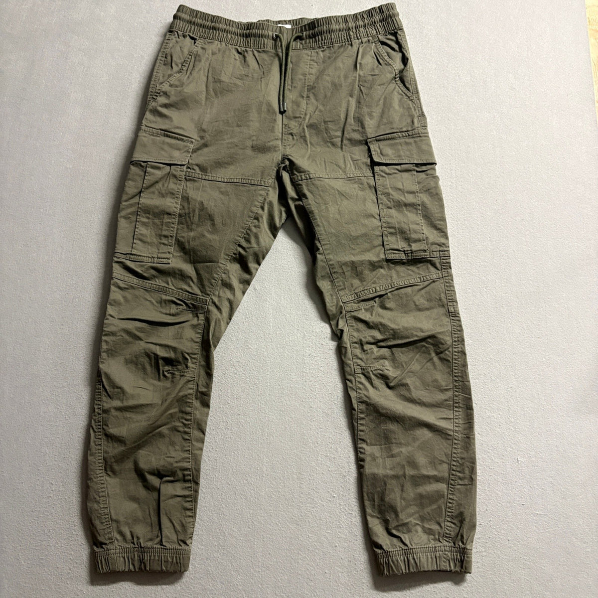 H&M Mens Cargo Jogger Pants Medium Green Cotton Blend Elastic Waist Drawstring