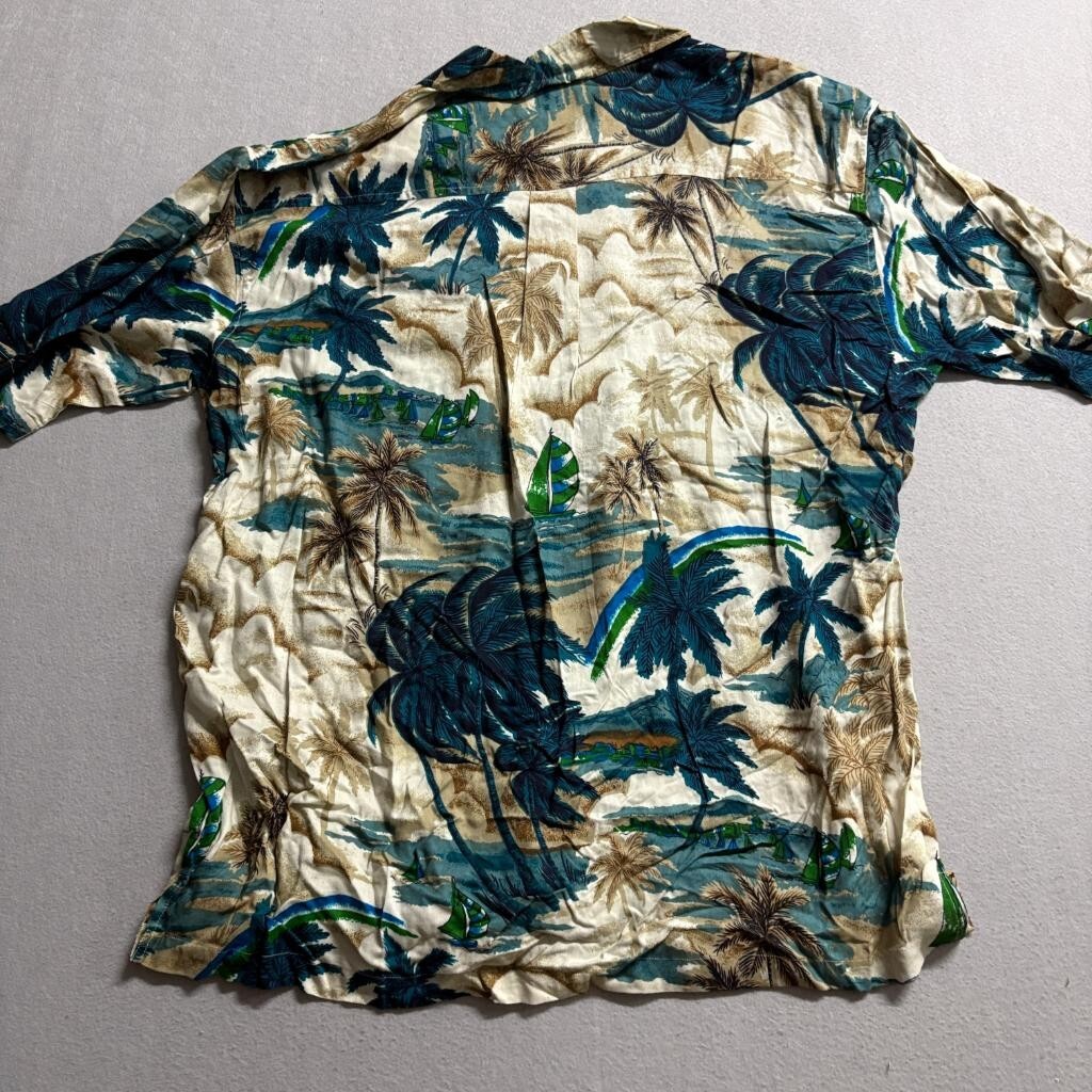 Sunset Highway Hawaiian Shirt Mens XL Blue Rayon Sailboat Palm Tree Beach NWT