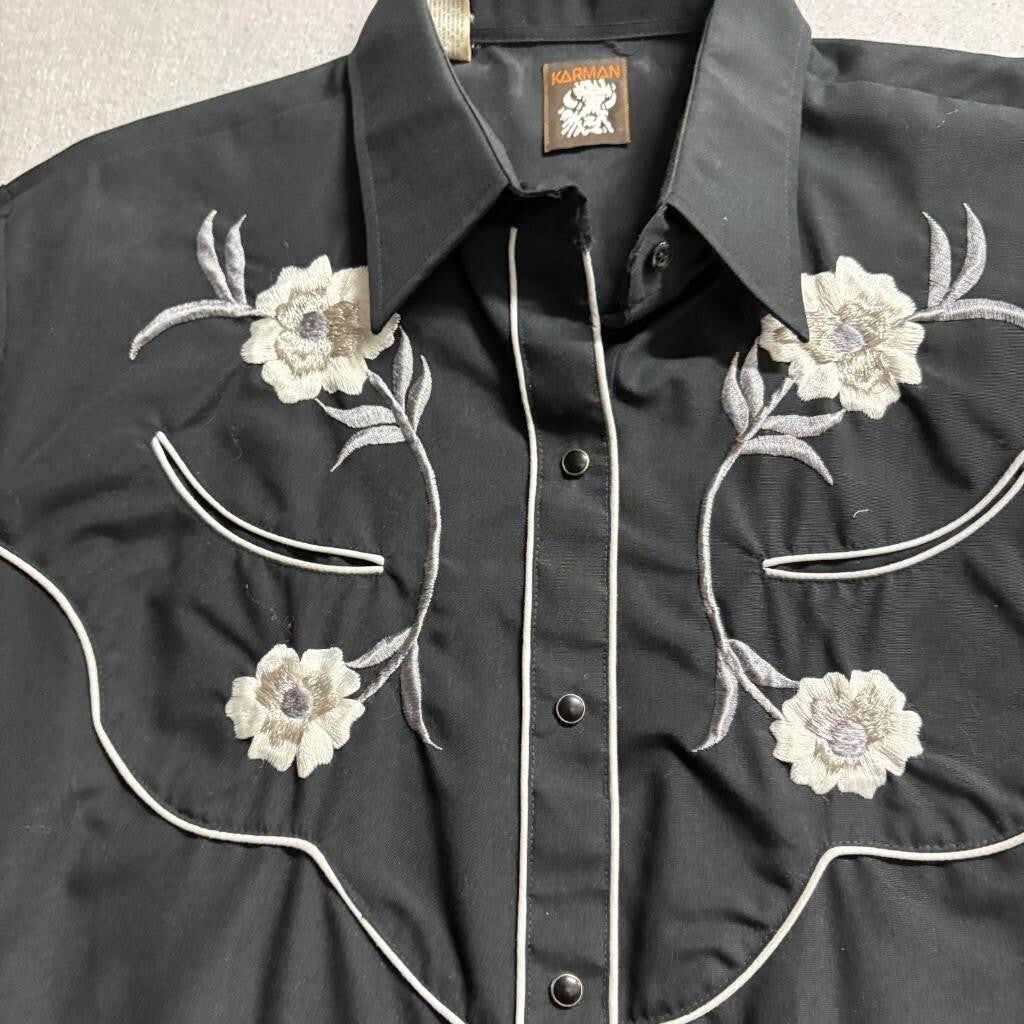 Vintage Karman Western Shirt Mens 40 Black Embroidered Floral Pearl Snap Cowboy
