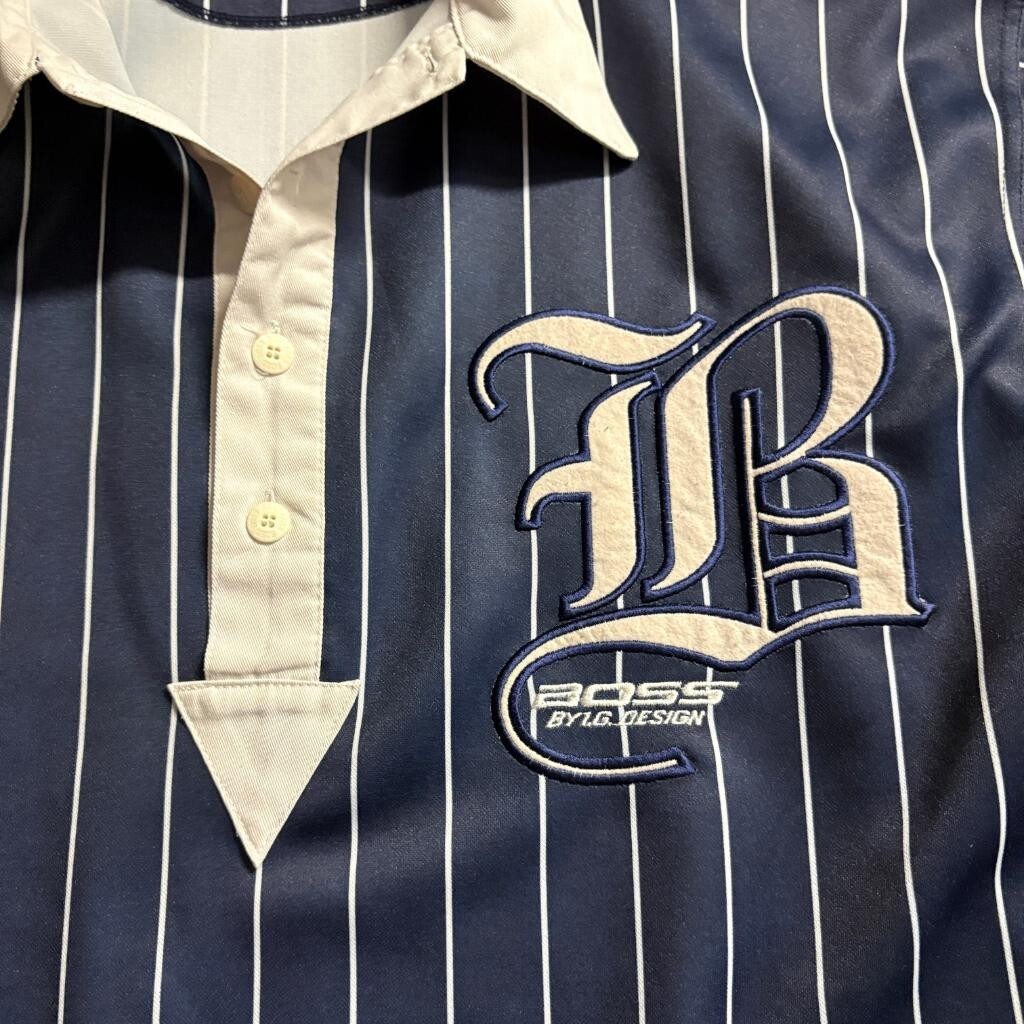 Vintage Boss by IG Design Polo Shirt Mens XL Navy Blue Pinstripe Baseball 1989