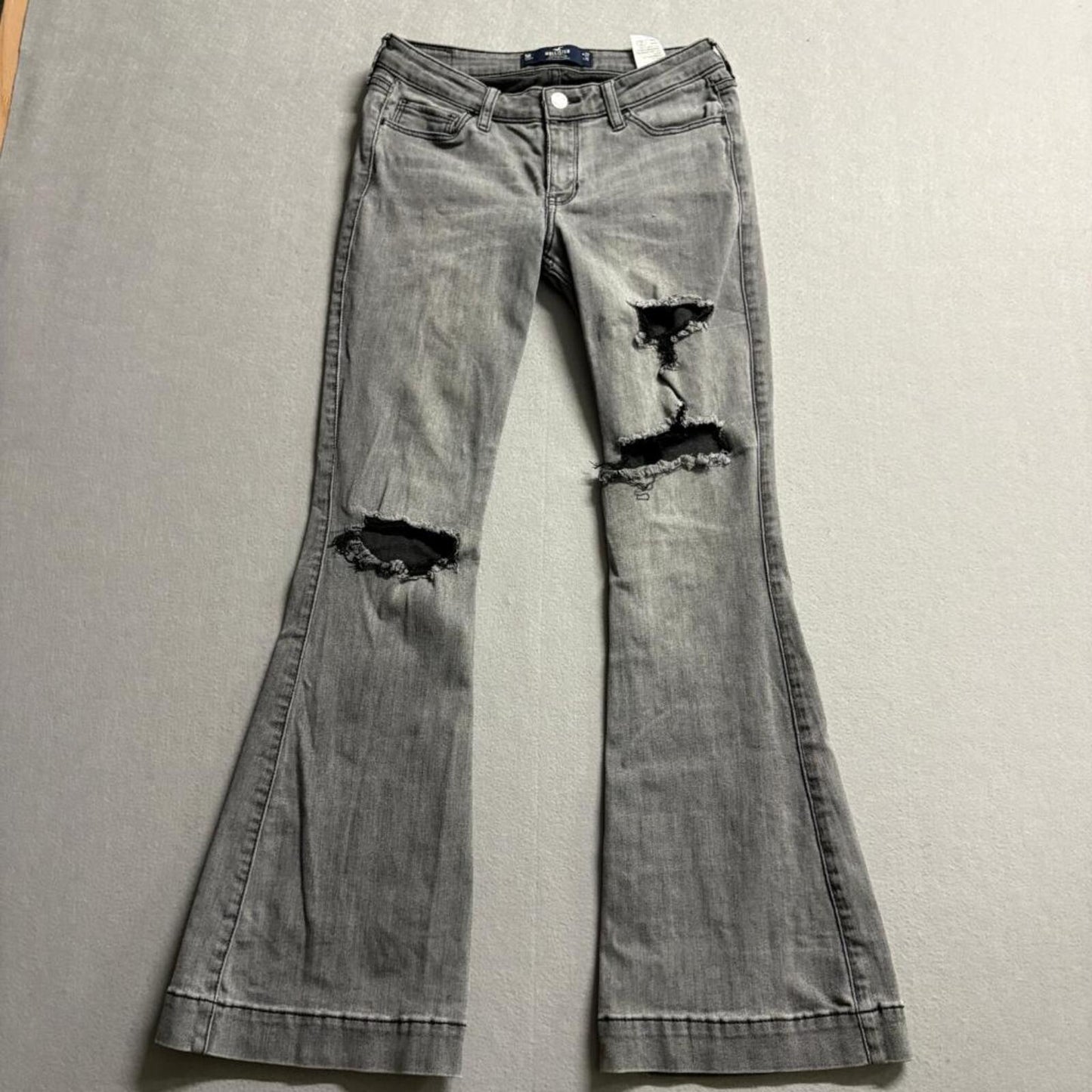 Hollister Low Rise Flare Jeans Womens 5R Gray Distressed Ripped Denim