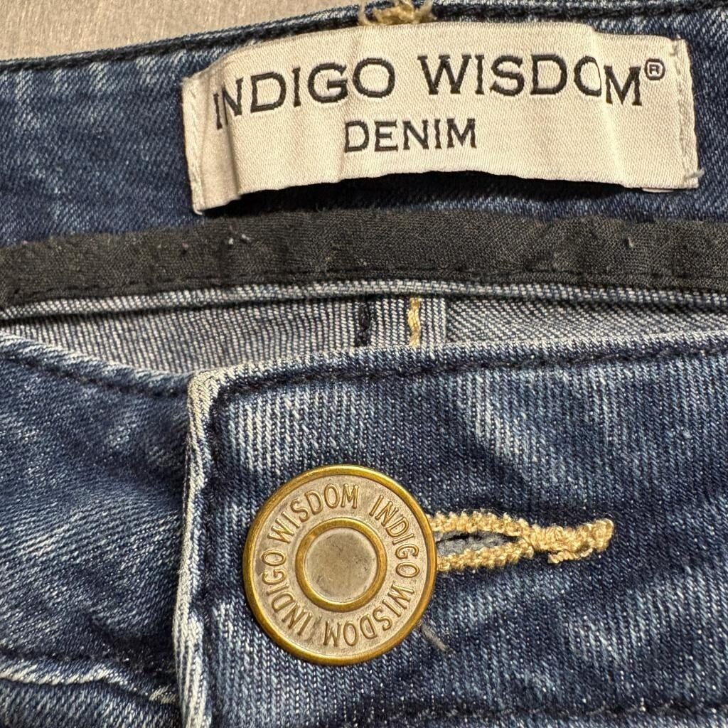 Indigo Wisdom Jeans Womens 34x30 Blue Denim Raw Hem Split Cuff Stretch Straight