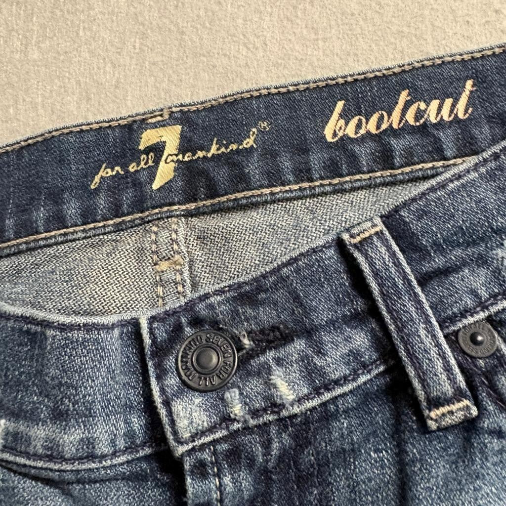 7 For All Mankind Bootcut Jeans Womens 28 Distressed Raw Hem Blue Denim Stretch