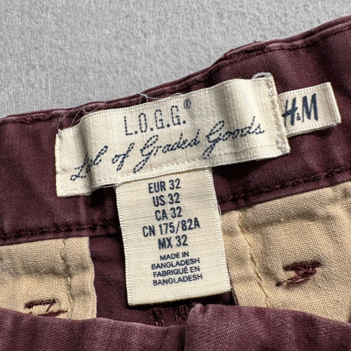 H&M LOGG Chino Pants Mens 32 Maroon Burgundy Stretch Cotton Casual Trousers