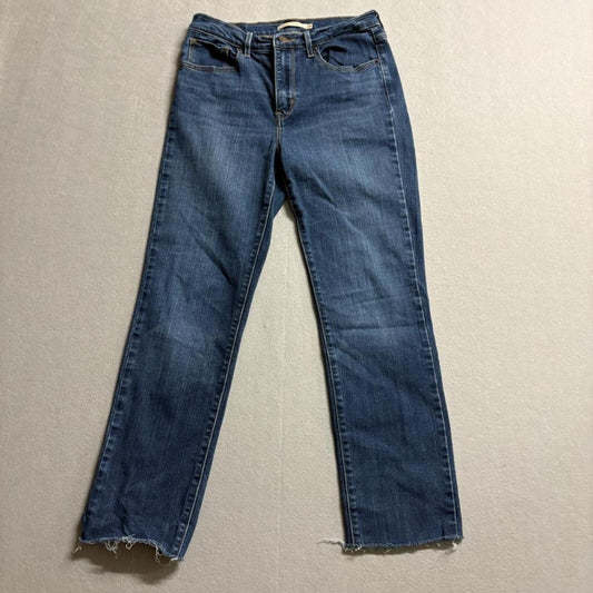 Levi's 724 High Rise Straight Jeans Womens 28 Raw Hem Blue Denim Stretch
