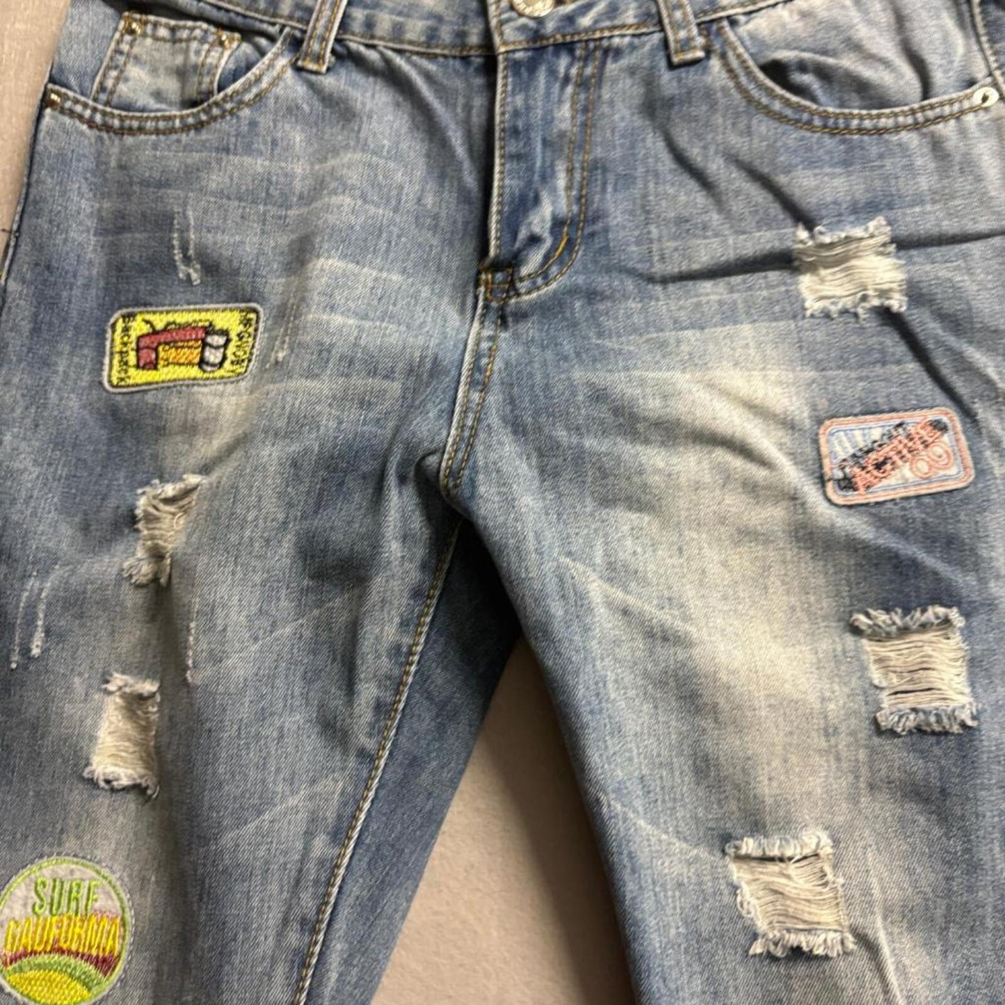 Unbranded Distressed Patchwork Jeans Womens Size 28 Blue Denim Destroyed Rip