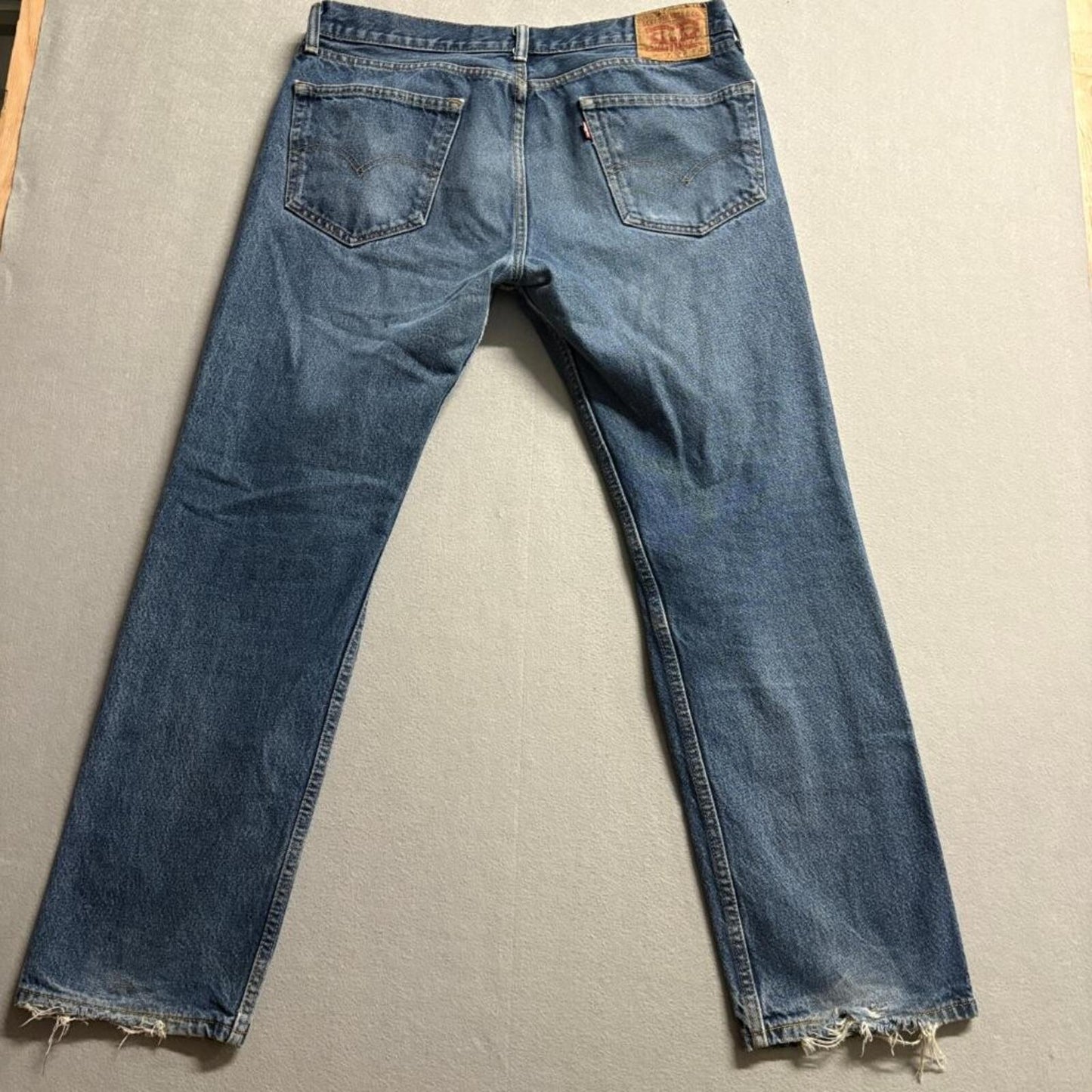 Levis 505 Regular Fit Jeans Mens 36x32 Blue Denim Straight Leg Distressed Hems