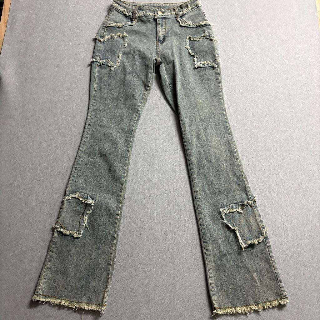 Shein Tall S Womens Blue Distressed Raw Hem Heart Star Patch Flare Jeans