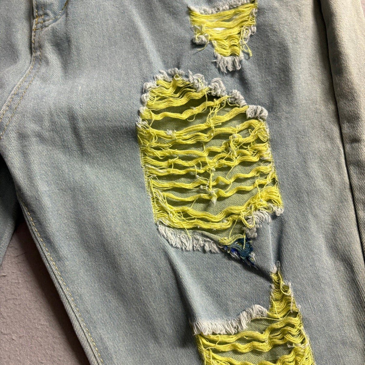 Unbranded Distressed Jeans Mens 3XL Light Wash Yellow Mesh Ripped Denim Pants