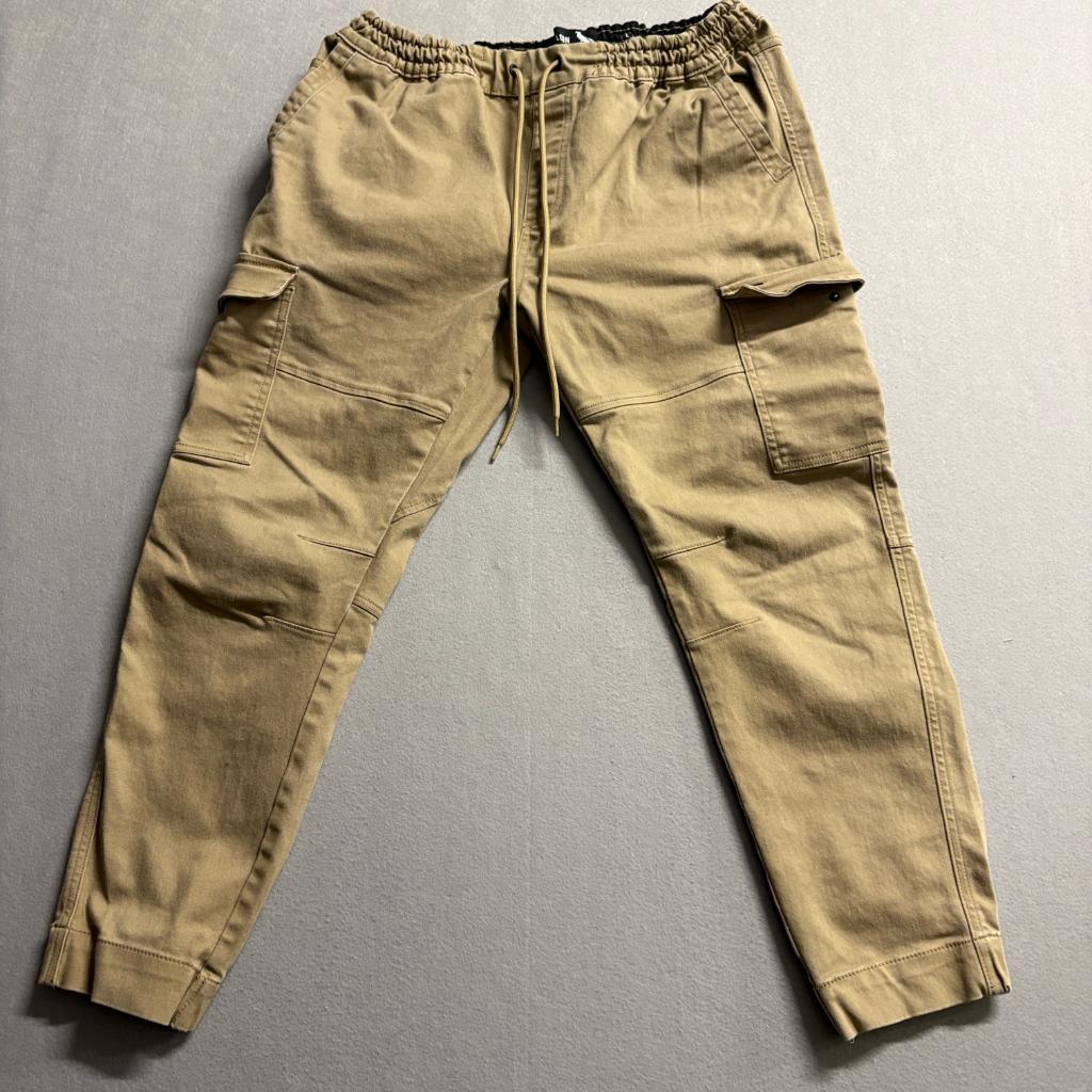 Stone Falcon Mens Slim Fit Jogger Cargo Pants Size L Khaki Tan Cotton Blend