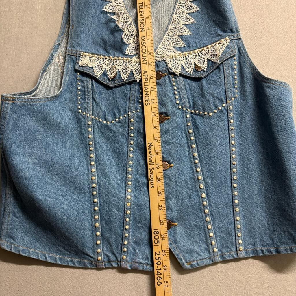 FLD Denim Vintage Womens Large Blue Jean Vest Lace Trim Faux Pearl Studded USA