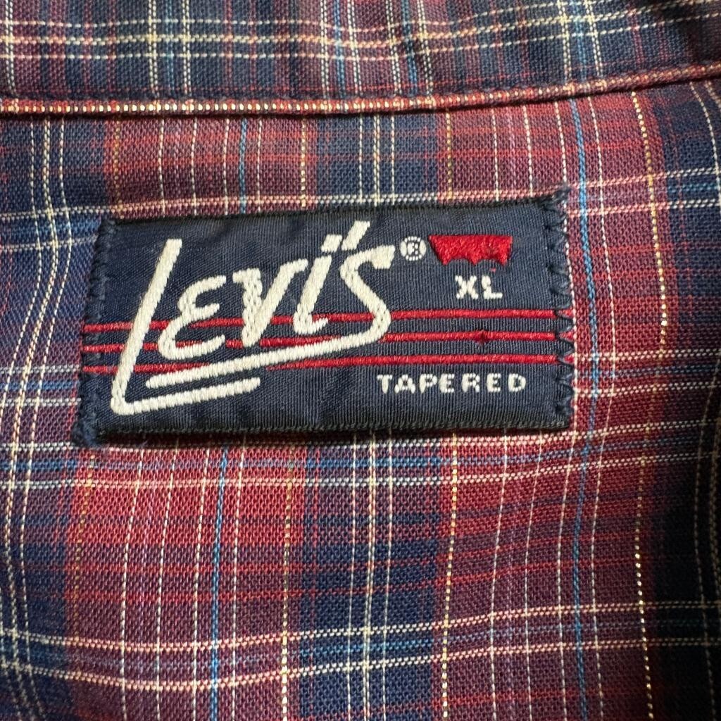 Vintage Levis Western Pearl Snap Shirt Mens XL Red Blue Plaid Tapered USA Made