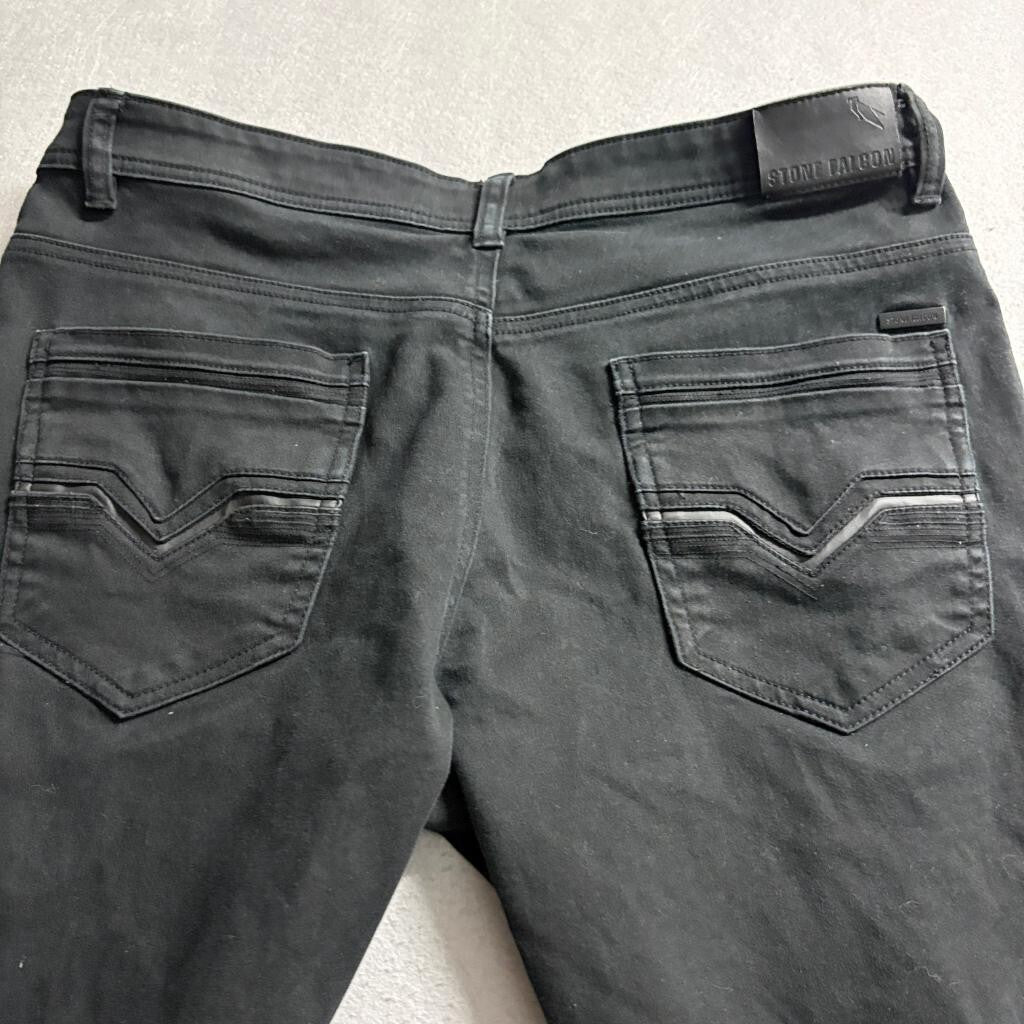 Stone Falcon Slim Fit Jeans Mens 36x32 Black Distressed Raw Hem Denim Pants